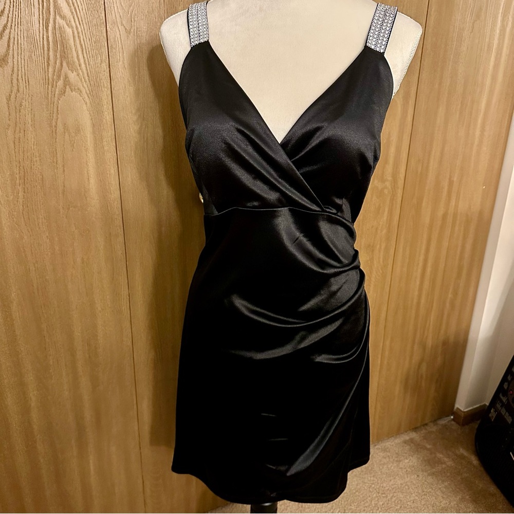 Junior’s Black Satin Dress with Rhinestone Straps, NWT, 16/17